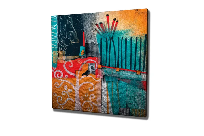 Lærredsbillede - Farverig abstrakt komposition med træer og geometriske former, Turkis / Orange / Rød