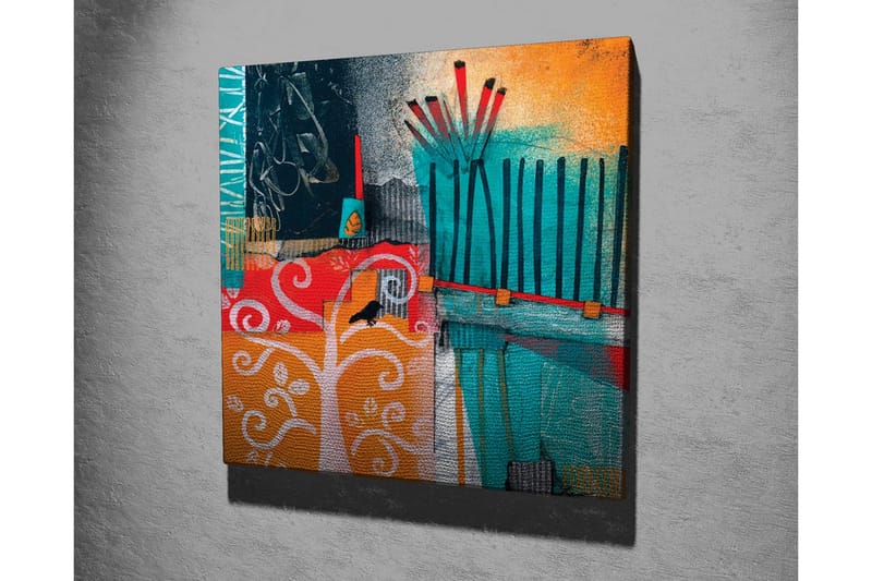 Lærredsbillede - Farverig abstrakt komposition med træer og geometriske former - Turkis / Orange / Rød - Boligtilbehør - Billeder & kunst - Billeder på lærred