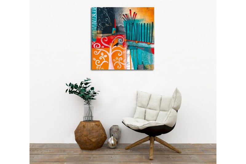 Lærredsbillede - Farverig abstrakt komposition med træer og geometriske former - Turkis / Orange / Rød - Boligtilbehør - Billeder & kunst - Billeder på lærred