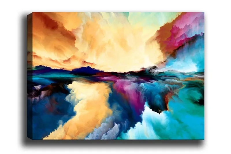 Lærredsbillede - Farverig abstrakt landskabskomposition med himmel- og vandrefleksioner, Orange / Blå / Lilla