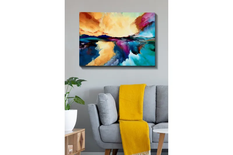 Lærredsbillede - Farverig abstrakt landskabskomposition med himmel- og vandrefleksioner - Orange / Blå / Lilla - Boligtilbehør - Billeder & kunst - Billeder på lærred