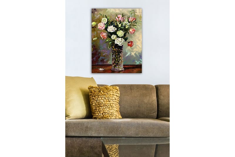 Lærredsbillede - Farverig blomsterbuket i en glasvase - Lyserød / Hvid / Grøn - Boligtilbehør - Billeder & kunst - Billeder på lærred