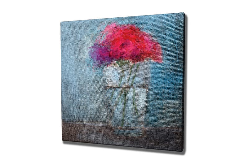 Lærredsbillede - Farverig blomsterbuket i en glasvase, Rød / Blå / Grøn