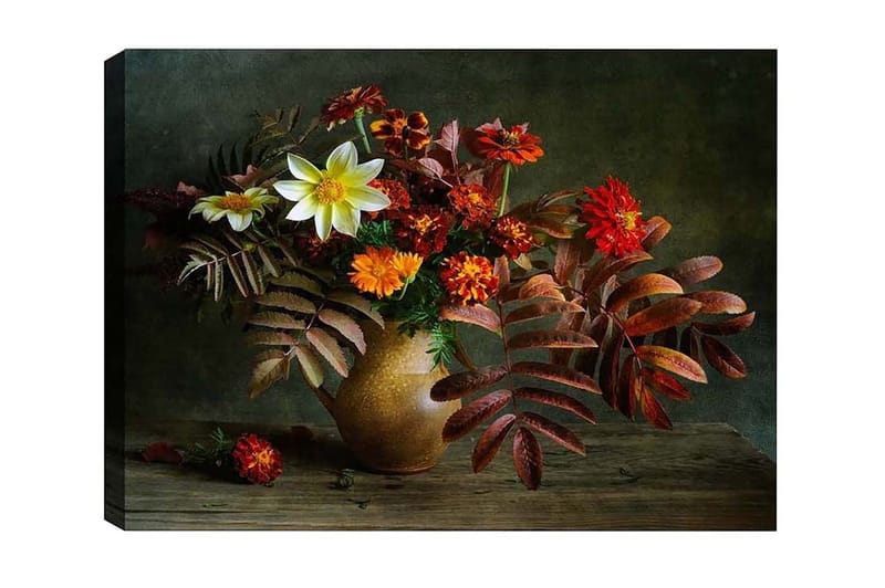 Lærredsbillede - Farverig blomsterbuket i en keramikvase, Rød / Orange / Grøn