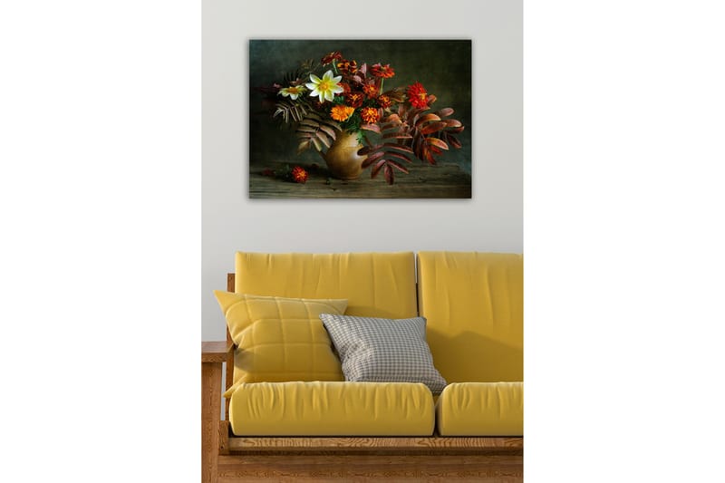 Lærredsbillede - Farverig blomsterbuket i en keramikvase - Rød / Orange / Grøn - Boligtilbehør - Billeder & kunst - Billeder på lærred