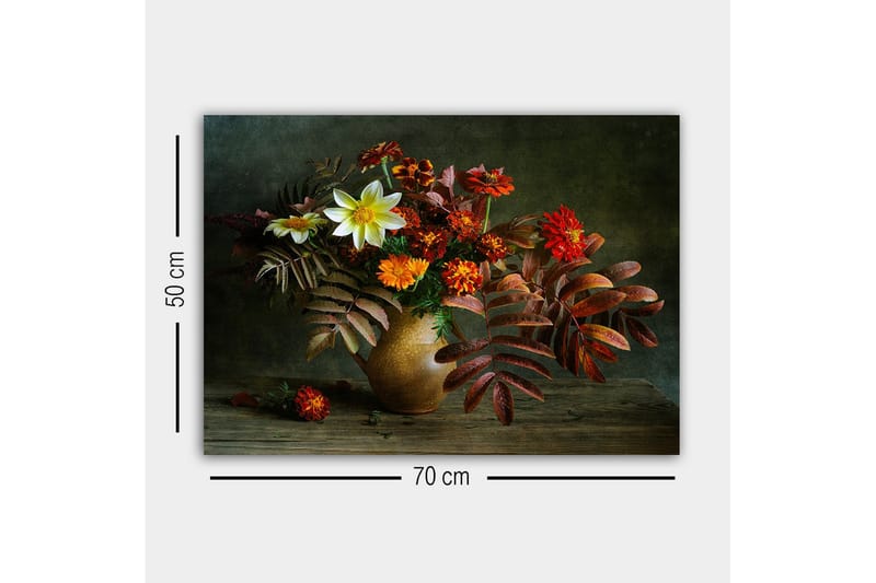 Lærredsbillede - Farverig blomsterbuket i en keramikvase - Rød / Orange / Grøn - Boligtilbehør - Billeder & kunst - Billeder på lærred