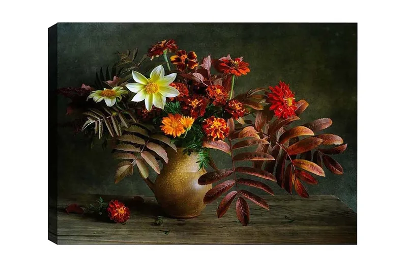 Lærredsbillede - Farverig blomsterbuket i en keramikvase, Rød / Orange / Grøn