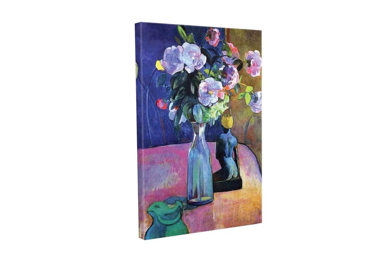 Lærredsbillede - Farverig blomsterbuket i en vase med en skulptur i baggrunden, Lilla / Grøn / Lyserød