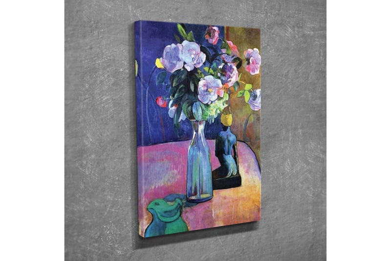 Lærredsbillede - Farverig blomsterbuket i en vase med en skulptur i baggrunden - Lilla / Grøn / Lyserød - Boligtilbehør - Billeder & kunst - Billeder på lærred