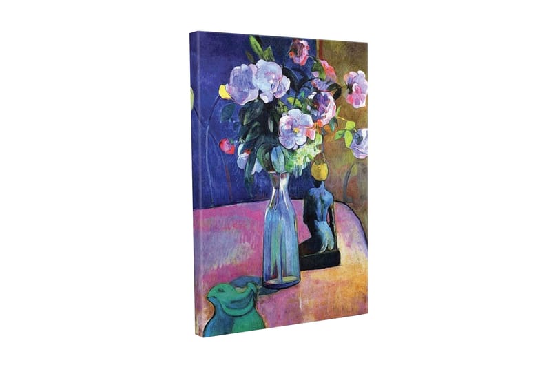 Lærredsbillede - Farverig blomsterbuket i en vase med en skulptur i baggrunden, Lilla / Grøn / Lyserød