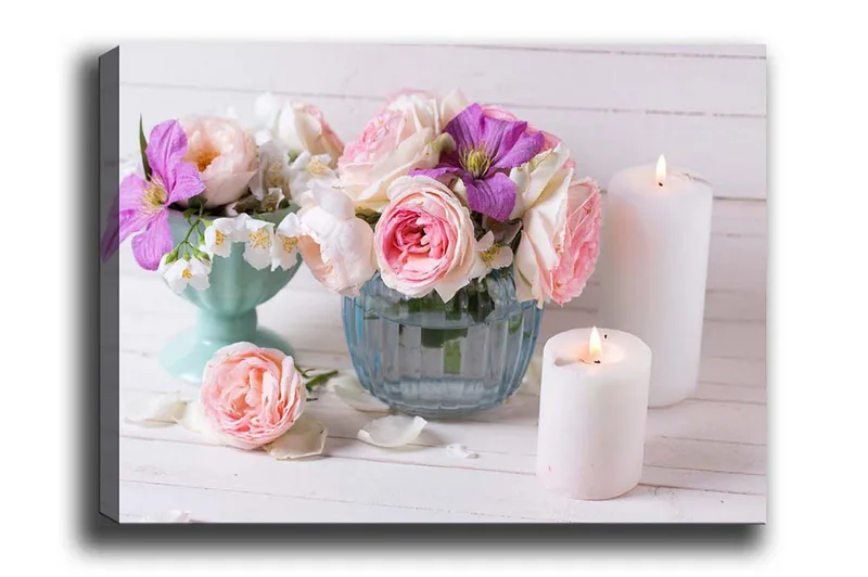 Lærredsbillede - Farverig blomsterbuket i forskellige vaser, Lyserød / Lilla / Hvid