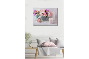 Lærredsbillede - Farverig blomsterbuket i forskellige vaser - Lyserød / Lilla / Hvid - Boligtilbehør - Billeder & kunst - Billeder på lærred