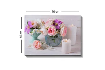 Lærredsbillede - Farverig blomsterbuket i forskellige vaser - Lyserød / Lilla / Hvid - Boligtilbehør - Billeder & kunst - Billeder på lærred