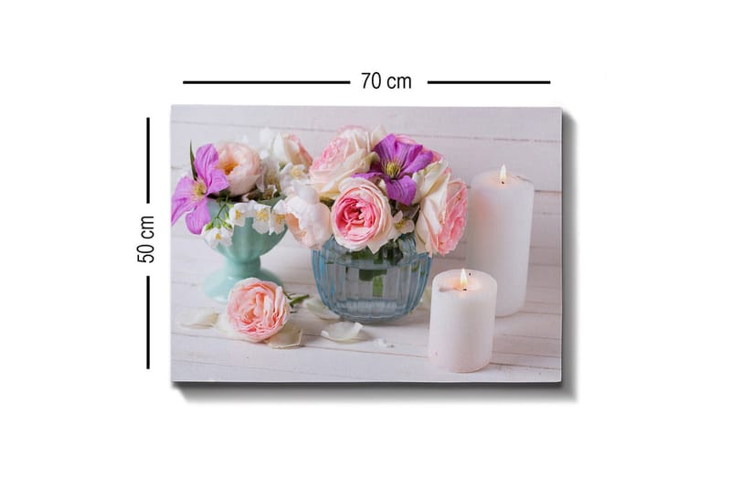 Lærredsbillede - Farverig blomsterbuket i forskellige vaser - Lyserød / Lilla / Hvid - Boligtilbehør - Billeder & kunst - Billeder på lærred