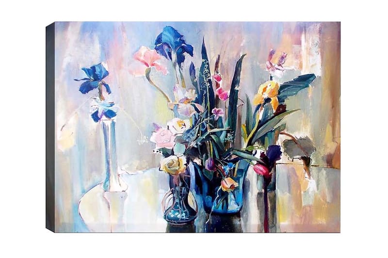 Lærredsbillede - Farverig blomsterbuket i glasvaser, Blå / Lyserød / Grøn