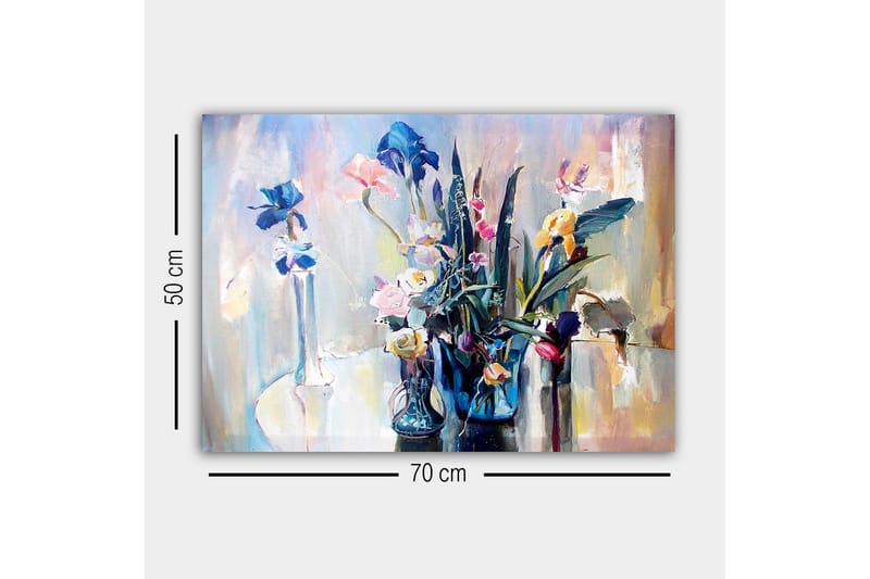 Lærredsbillede - Farverig blomsterbuket i glasvaser - Blå / Lyserød / Grøn - Boligtilbehør - Billeder & kunst - Billeder på lærred