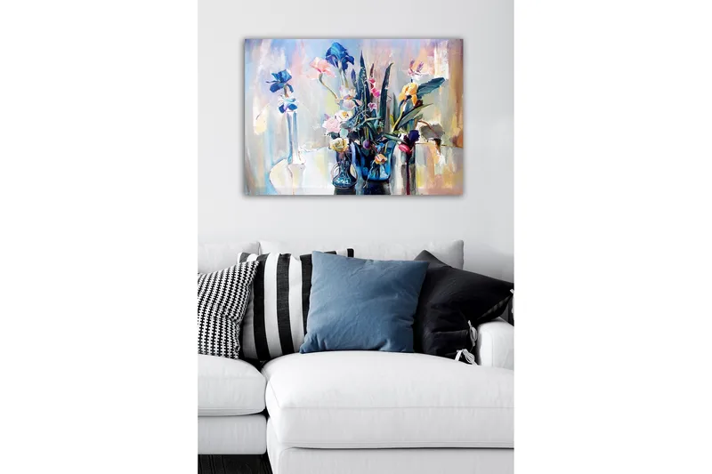 Lærredsbillede - Farverig blomsterbuket i glasvaser - Blå / Lyserød / Grøn - Boligtilbehør - Billeder & kunst - Billeder på lærred