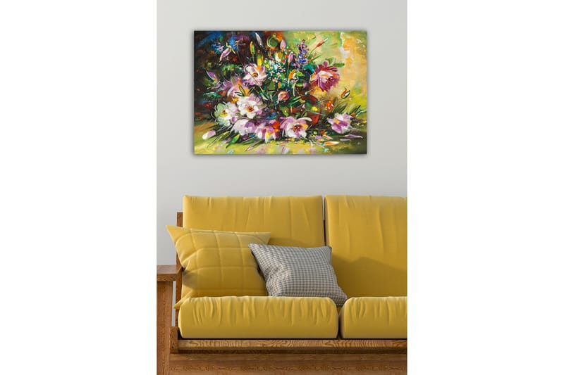 Lærredsbillede - Farverig blomsterbuket i livlige nuancer - Lilla / Grøn / Gul - Boligtilbehør - Billeder & kunst - Billeder på lærred