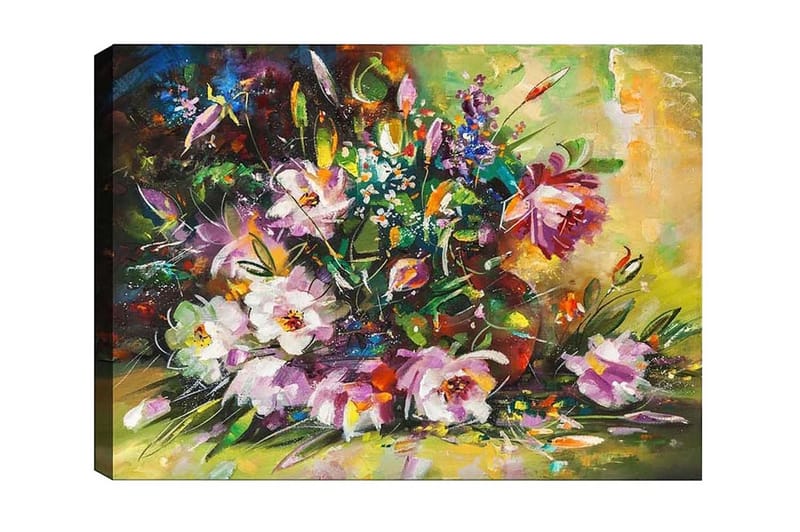 Lærredsbillede - Farverig blomsterbuket i livlige nuancer, Lilla / Grøn / Gul