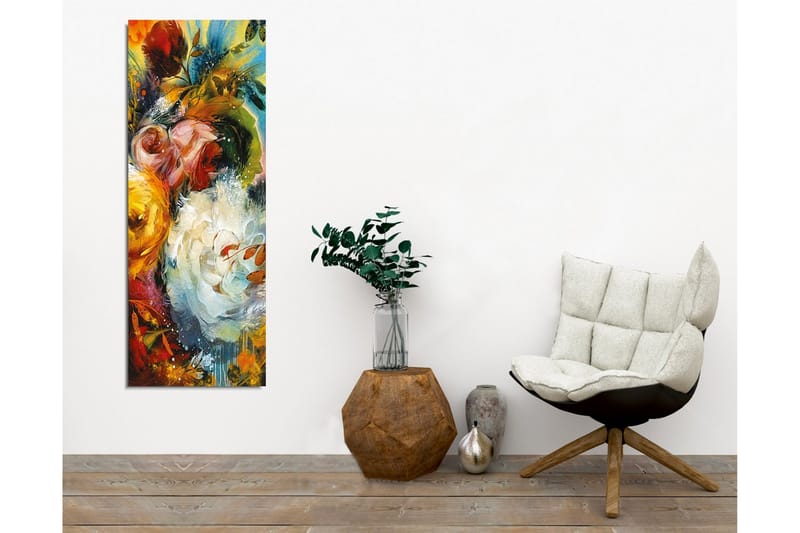 Lærredsbillede - Farverig blomsterbuket med elementer af grønt løv - Rød / Gul / Hvid - Boligtilbehør - Billeder & kunst - Billeder på lærred