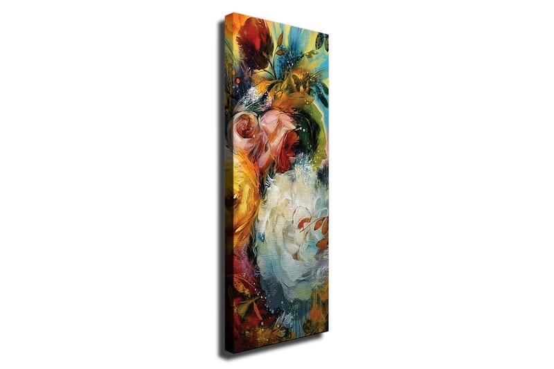 Lærredsbillede - Farverig blomsterbuket med elementer af grønt løv, Rød / Gul / Hvid