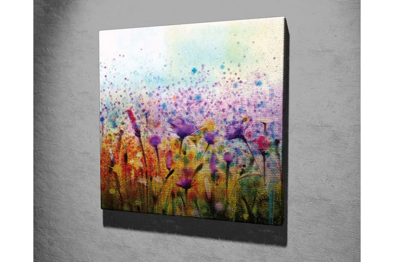 Lærredsbillede - Farverig blomstereng med fugle i bevægelse - Lilla / Gul / Grøn - Boligtilbehør - Billeder & kunst - Billeder på lærred