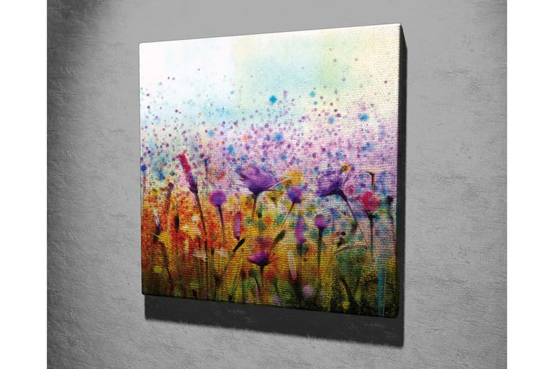 Lærredsbillede - Farverig blomstereng med fugle i bevægelse - Lilla / Gul / Grøn - Boligtilbehør - Billeder & kunst - Billeder på lærred