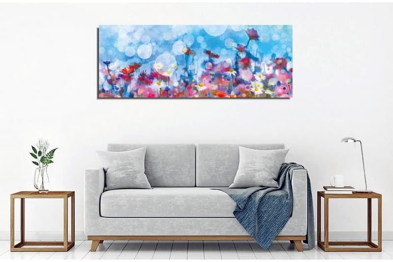 Lærredsbillede - Farverig blomstereng med slørede lysprikker - Blå / Lyserød / Hvid - Boligtilbehør - Billeder & kunst - Billeder på lærred