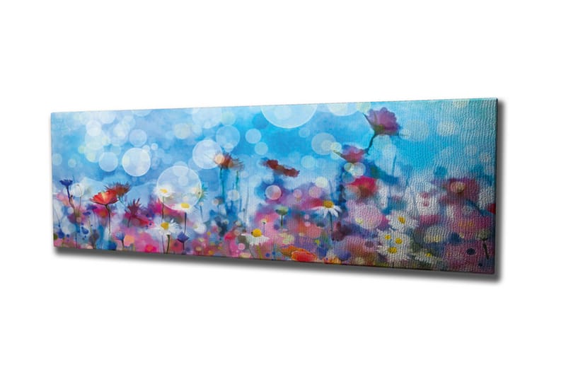 Lærredsbillede - Farverig blomstereng med slørede lysprikker, Blå / Lyserød / Hvid