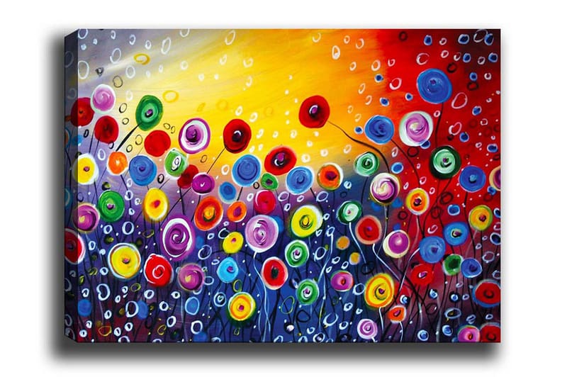 Lærredsbillede - Farverig blomstereng med spirende blomster, Rød / Grøn / Blå