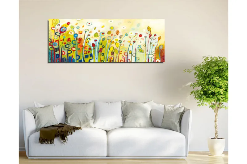 Lærredsbillede - Farverig blomstereng med stiliserede blomster og blade - Grøn / Rød / Gul - Boligtilbehør - Billeder & kunst - Billeder på lærred