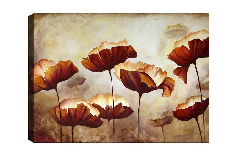 Lærredsbillede - Farverig blomstereng med store, åbne blomster, Mørkerød / Orange / Beige