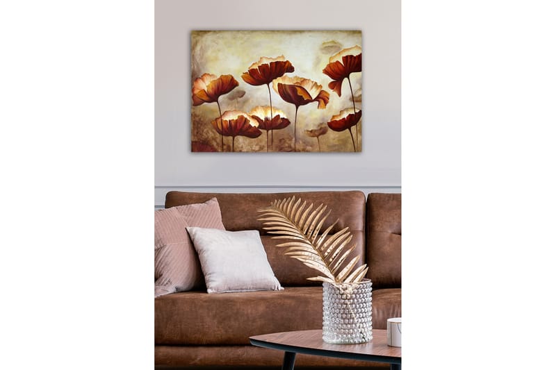 Lærredsbillede - Farverig blomstereng med store, åbne blomster - Mørkerød / Orange / Beige - Boligtilbehør - Billeder & kunst - Billeder på lærred