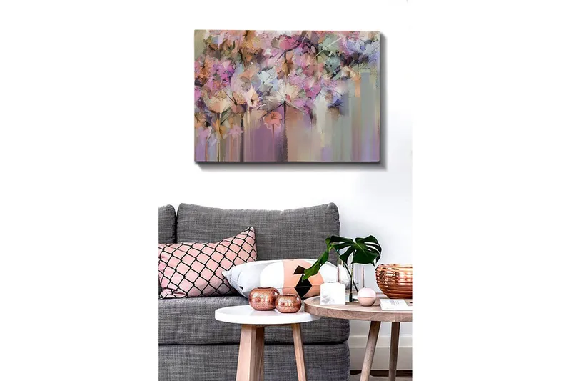 Lærredsbillede - Farverig blomsterkomposition med abstrakte former - Lilla / Lyserød / Beige - Boligtilbehør - Billeder & kunst - Billeder på lærred