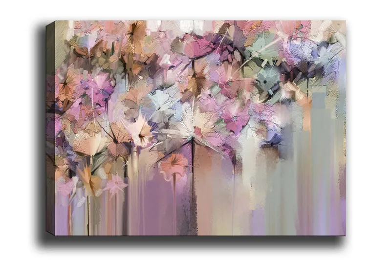 Lærredsbillede - Farverig blomsterkomposition med abstrakte former, Lilla / Lyserød / Beige