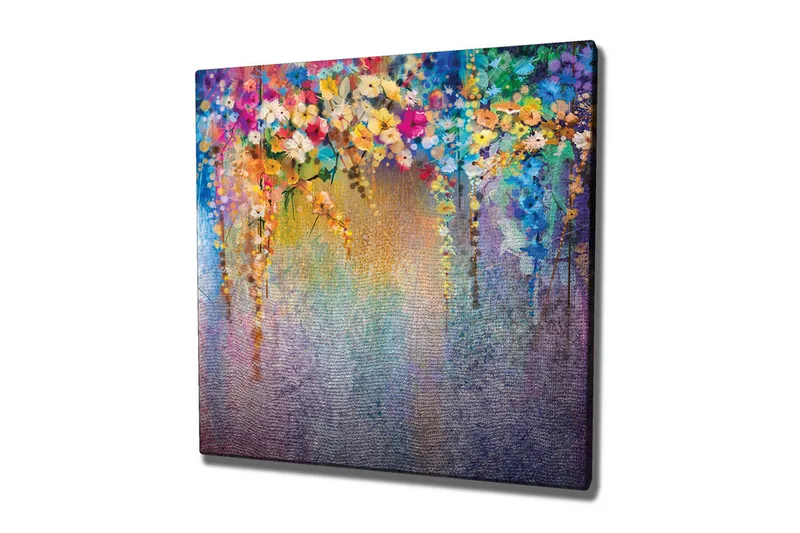 Lærredsbillede - Farverig blomsterkomposition med hængende blomster, Lilla / Grøn / Lyserød