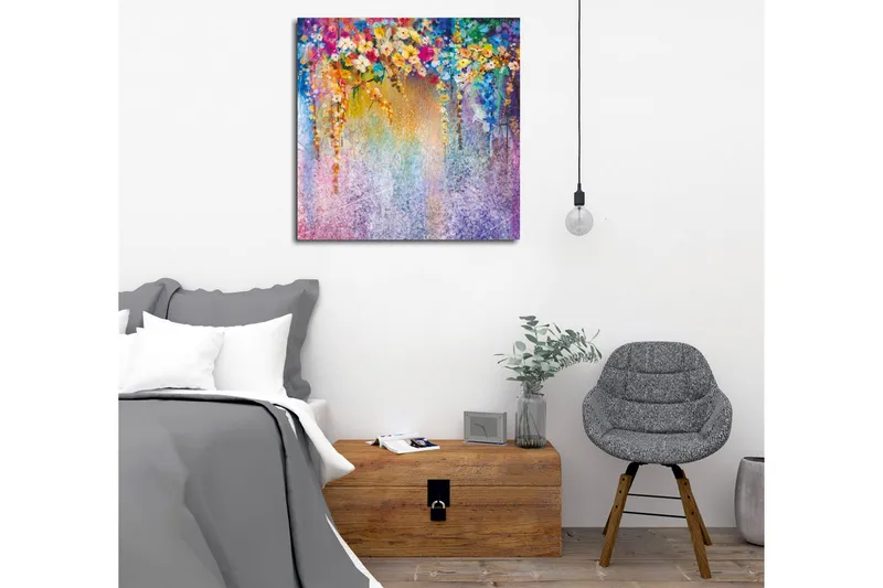 Lærredsbillede - Farverig blomsterkomposition med hængende blomster - Lilla / Grøn / Lyserød - Boligtilbehør - Billeder & kunst - Billeder på lærred