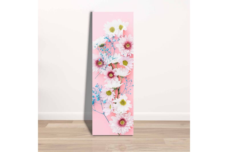 Lærredsbillede - Farverig buket af margueritter og blomster på lyserød baggrund - Lyserød / Hvid / Blå - Boligtilbehør - Billeder & kunst - Billeder på lærred