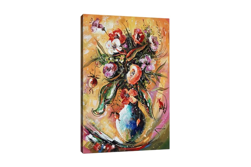 Lærredsbillede - Farverig buket blomster i en vase, Grøn / Lyserød / Orange