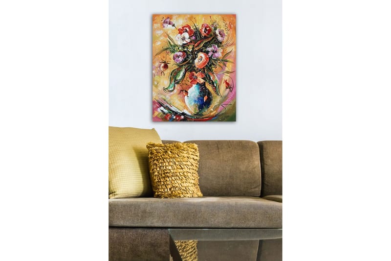 Lærredsbillede - Farverig buket blomster i en vase - Grøn / Lyserød / Orange - Boligtilbehør - Billeder & kunst - Billeder på lærred