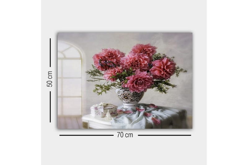 Lærredsbillede - Farverig buket georginer i en smuk vase - Lyserød / Grøn / Hvid - Boligtilbehør - Billeder & kunst - Billeder på lærred