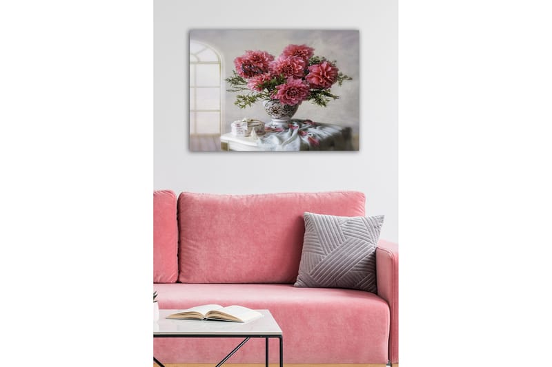 Lærredsbillede - Farverig buket georginer i en smuk vase - Lyserød / Grøn / Hvid - Boligtilbehør - Billeder & kunst - Billeder på lærred