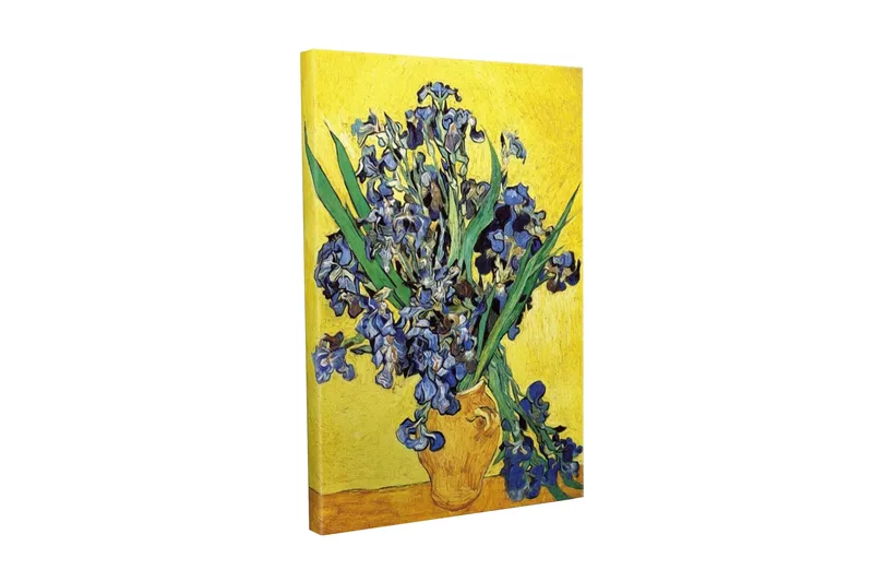 Lærredsbillede - Farverig buket irisblomster i en potte, Blå / Grøn / Gul