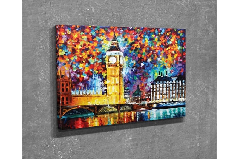Lærredsbillede - Farverig byskyline med Big Ben og Themsen - Guld / Blå / Rød - Boligtilbehør - Billeder & kunst - Billeder på lærred