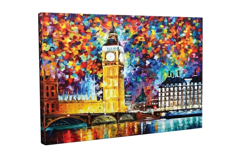 Lærredsbillede - Farverig byskyline med Big Ben og Themsen, Guld / Blå / Rød