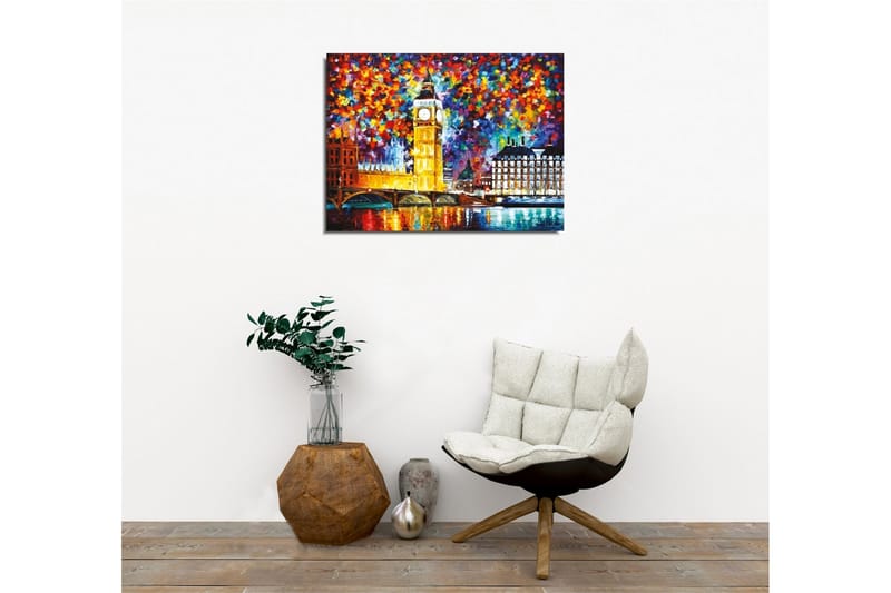 Lærredsbillede - Farverig byskyline med Big Ben og Themsen - Guld / Blå / Rød - Boligtilbehør - Billeder & kunst - Billeder på lærred