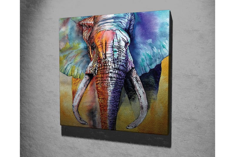 Lærredsbillede - Farverig elefant med abstrakt baggrund - Blå / Orange / Grøn - Boligtilbehør - Billeder & kunst - Billeder på lærred