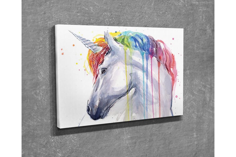 Lærredsbillede - Farverig enhjørning med regnbuefarvet manke og dryppende maling - Hvid / Regnbue (rød / Orange - Boligtilbehør - Billeder & kunst - Billeder på lærred