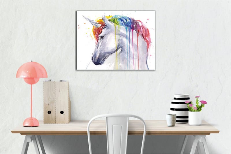 Lærredsbillede - Farverig enhjørning med regnbuefarvet manke og dryppende maling - Hvid / Regnbue (rød / Orange - Boligtilbehør - Billeder & kunst - Billeder på lærred