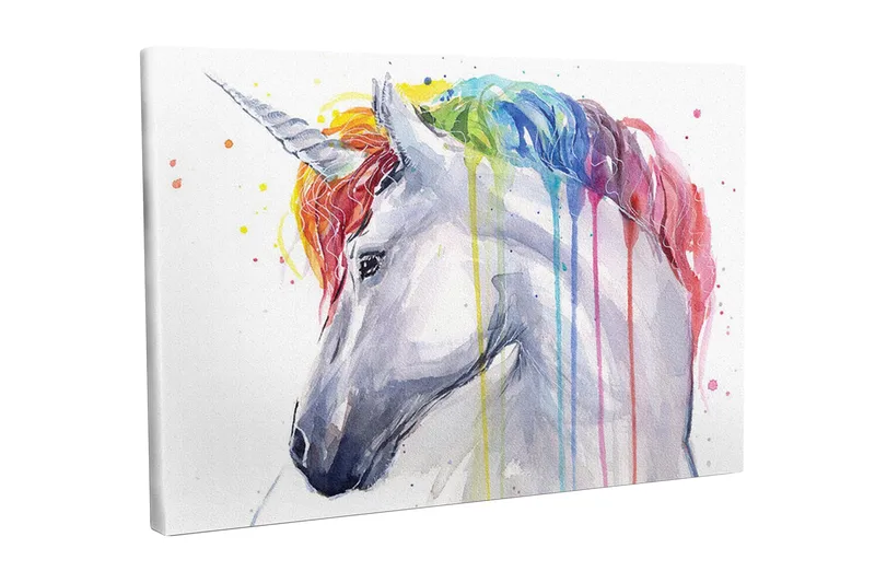 Lærredsbillede - Farverig enhjørning med regnbuefarvet manke og dryppende maling, Hvid / Regnbue (rød / Orange